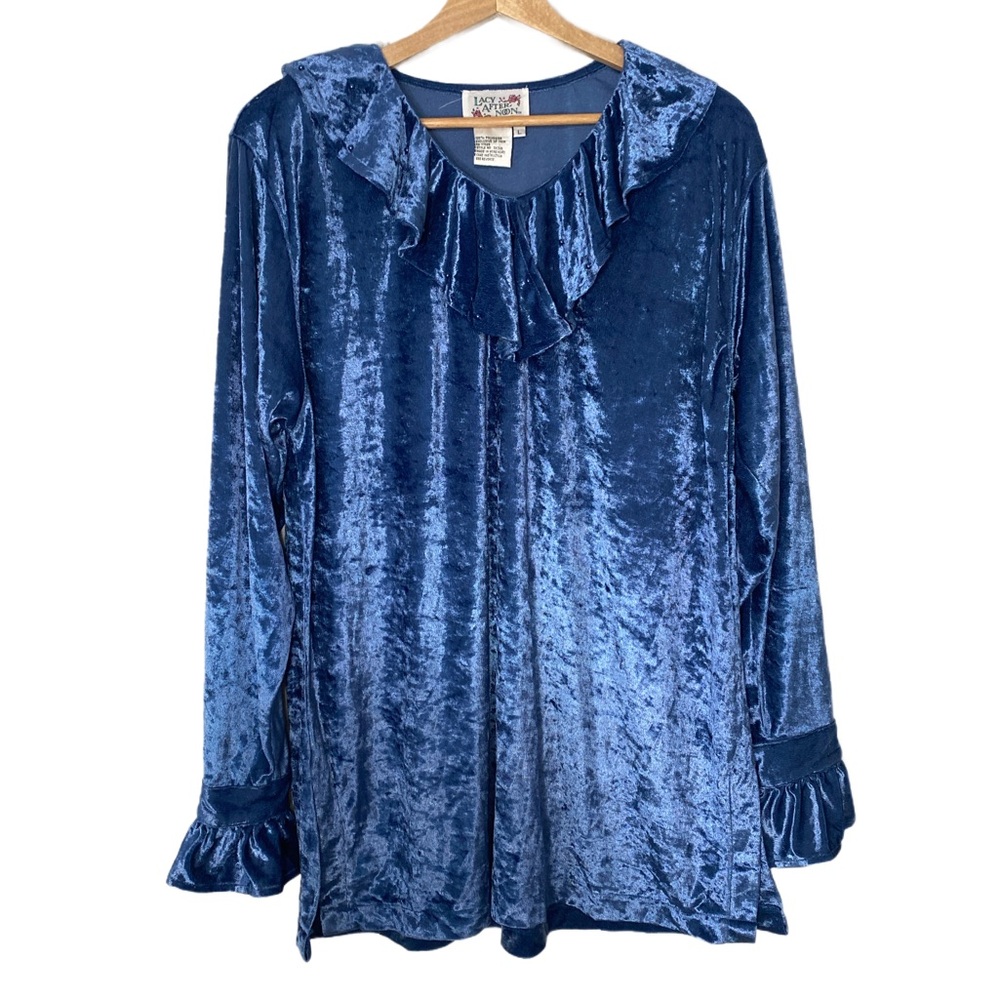 Lacy After Noon Vintage Crushed Blue Velvet Ruffled Long‎ Sleeve Blouse Beaded L